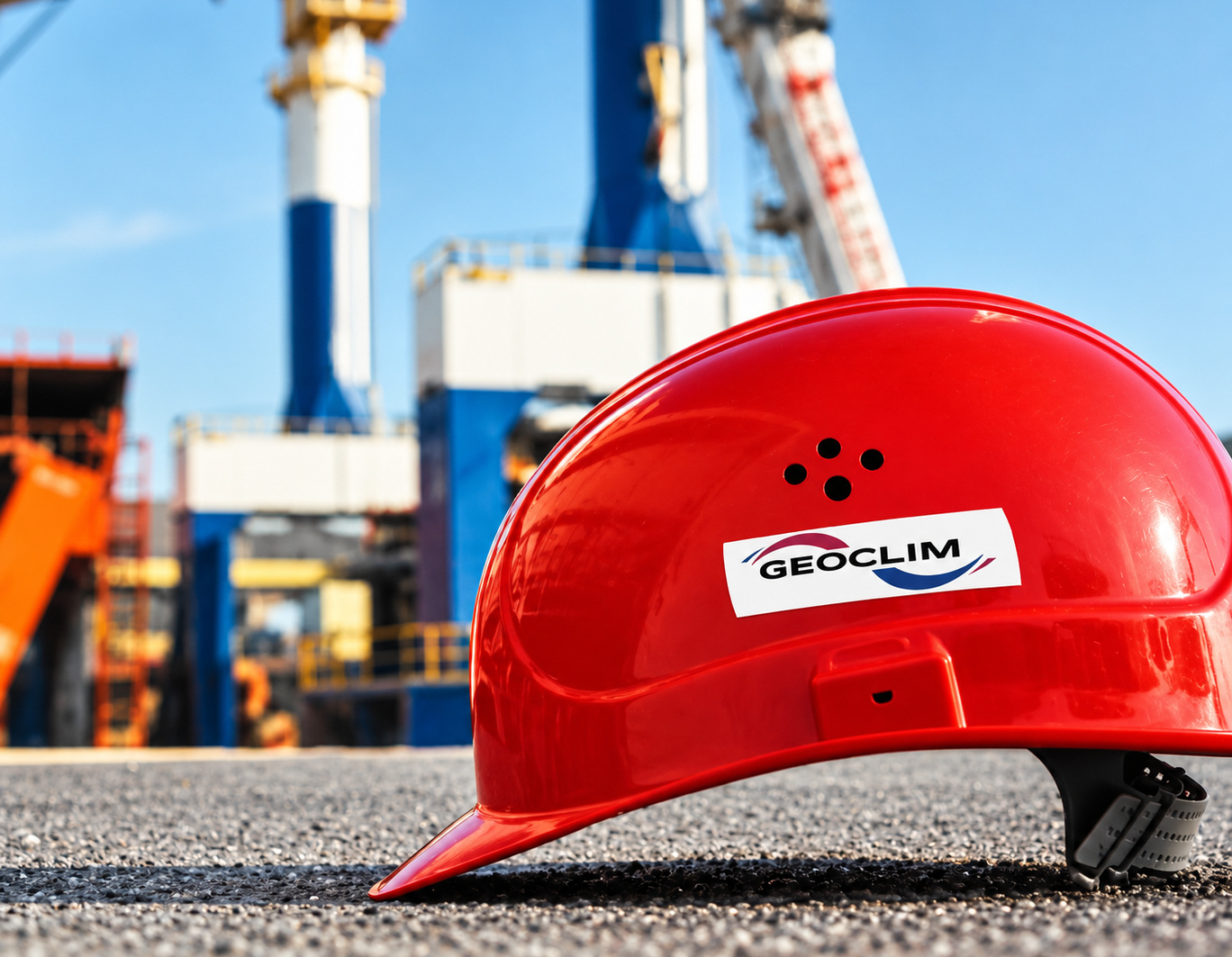 Casque de chantier rouge portant le logo GEOCLIM, posé au premier plan