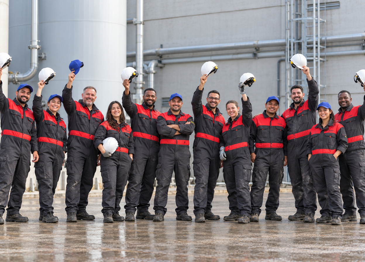 Groupe de collaborateurs en tenue de travail levant leurs casques devant des installations industrielles