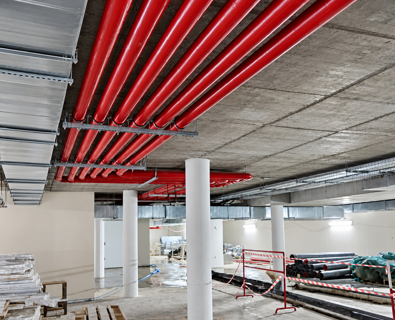 Installation technique à Casablanca Finance City, avec tuyauteries rouges au plafond