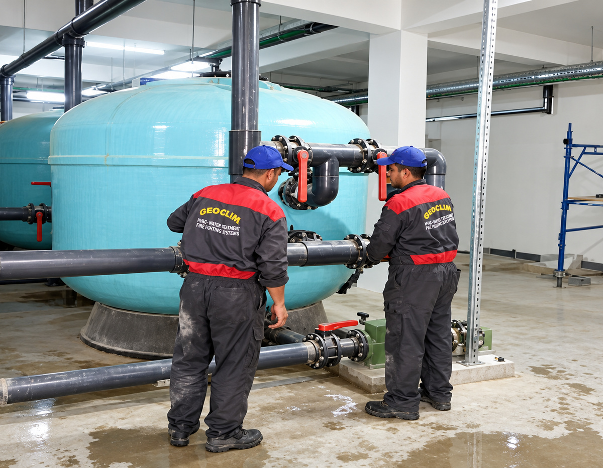 Deux techniciens GEOCLIM intervenant sur les tuyauteries d’une installation technique
