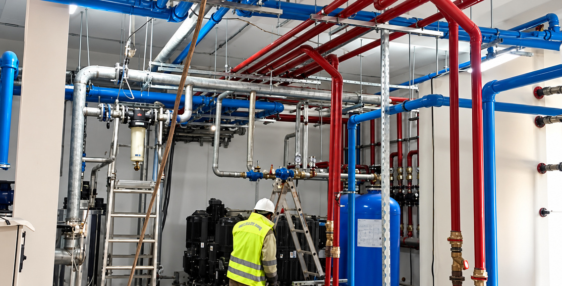 Technicien au travail dans une installation de conduites et d’équipements techniques