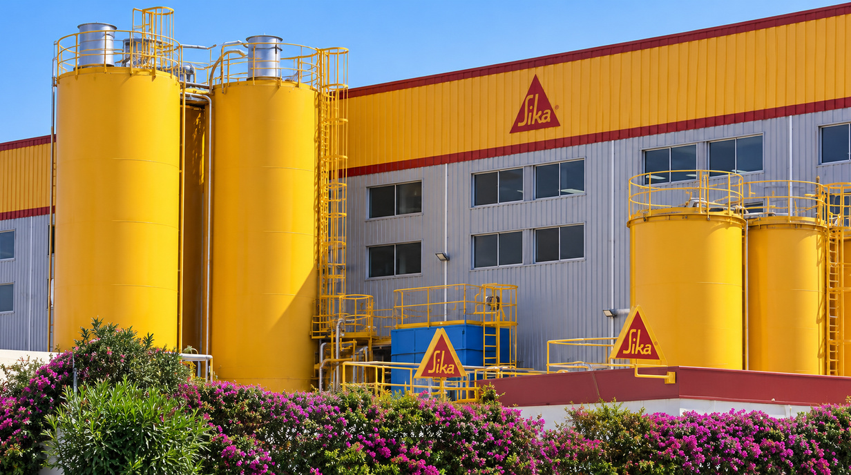 Bâtiments de l’usine Sika et silos jaunes